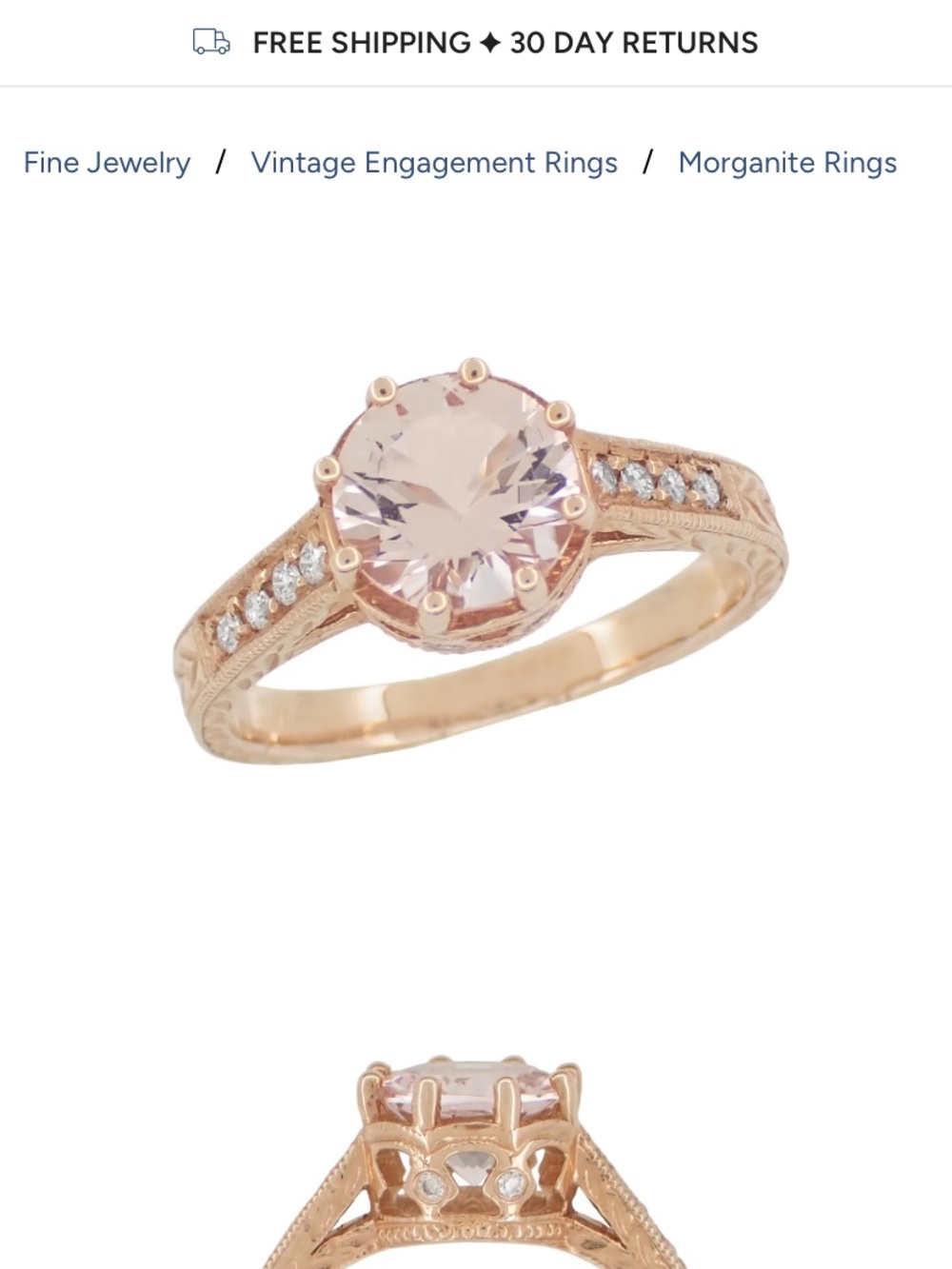 1.20 carat Rose Gold Morganite art deco Royal crown engagement engraved 14 carat
